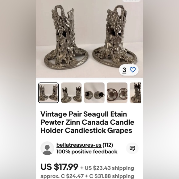 Pair Seagull pewter Canada 1989 candlestick  holders! Grapes and Grapevines - Picture 8 of 11